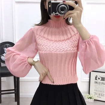 

Knitwear 2019 spring anchor female temperament tops lantern sleeves chiffon stitching sweater top