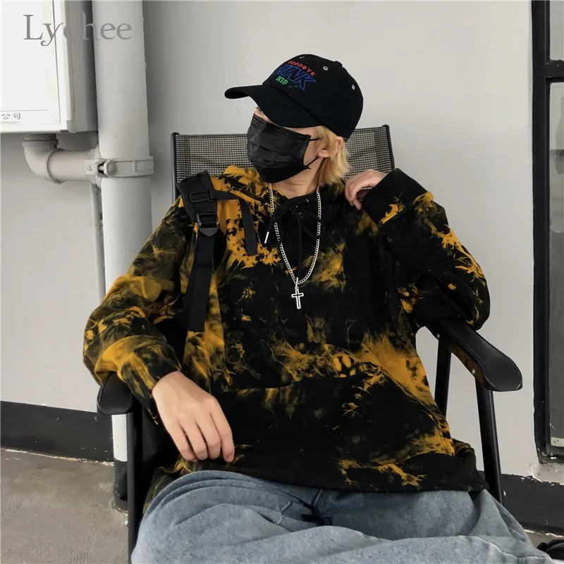 

Lychee Harajuku Hit Color Women Tracksuit Sweatshirts Tie Dyeing Women Hooded Sweatshirt Loose Autumn Lady Pullovers