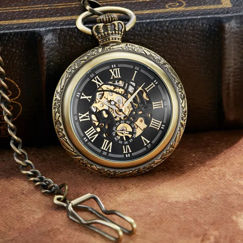 

Vintage Brown Roman Dial Mehanical Pocket Watch FOB Chain Smooth Golden Hollow Skeleton Hand Wind Mechanical Mens Womens Watche