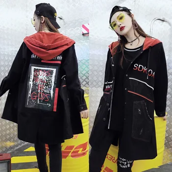 

Korean Brand Ladies Jeans Hooded Overcoat Womens Long Autumn Coats Black Casaco Feminino Woman Vintage Denim Clothes SA405S30