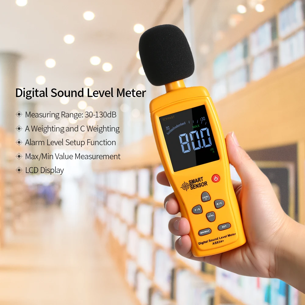 Умный датчик AS834+ цифровой ЖК-измеритель уровня звука 30-130 дБ измерительный прибор для измерения уровня шума децибел контрольный тестер