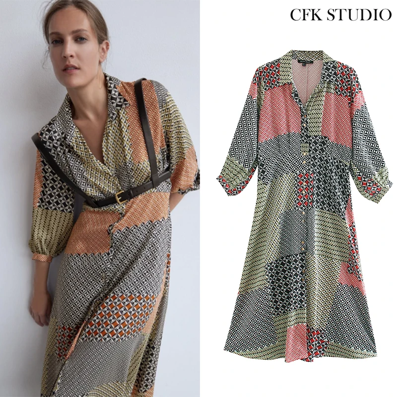 Женское Повседневное платье рубашка ZA Mididress Свободное длинное с длинным рукавом