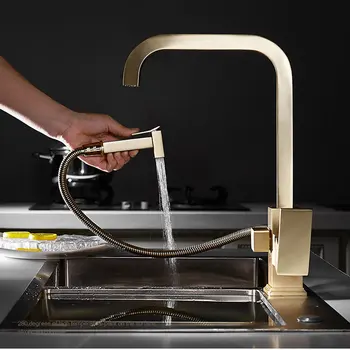 

Nordic copper rotating all kitchen faucet household basin sink sink food hot and cold smoked pull type faucet brushed gold