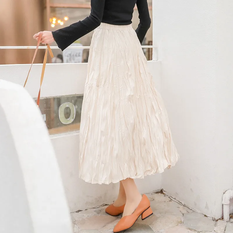 Осенняя юбка трапециевидной формы, эластичная шифоновая плиссированная юбка с высокой талией, Женская однотонная плиссированная юбка