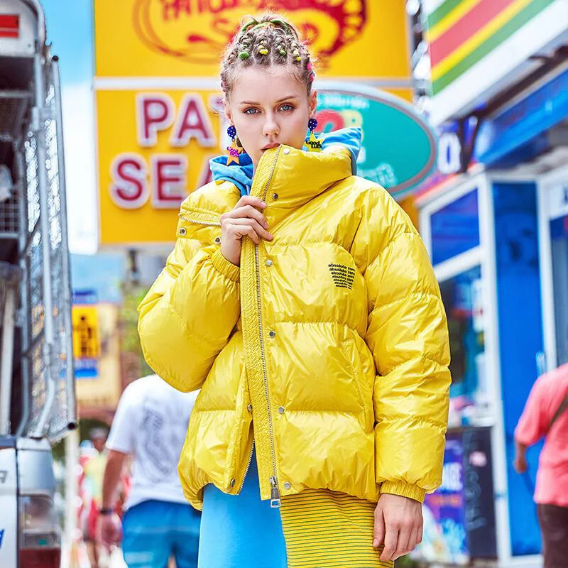 2019 зимние модные однотонные пуховики женские теплые с воротником стойкой