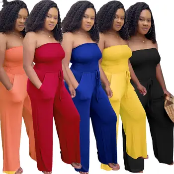 

2020 Summer Women Jumpsuits Rompers Strapless Pockets Backless Wide Leg Sexy Night Clubwear Party Bandage One Piece Club Outfits