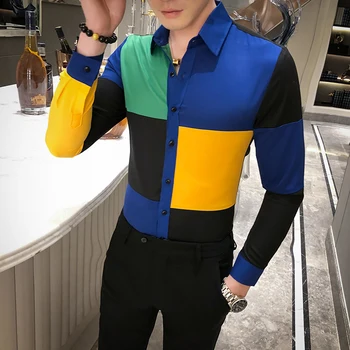 

Hot Sale Patchwork Color Men Shirt 2020 Spring Slim Fit Casual Shirts For Men All Match Long Sleeve Night Club Tuxedo Dress 3XL