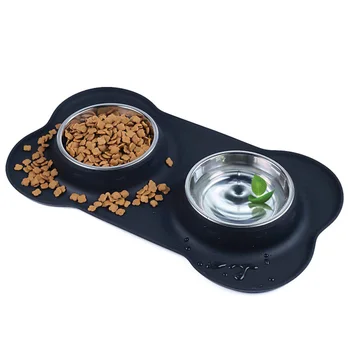 

Pet No Spill Silicone Cats Feeder Mat Dog Stainless Steel Non-Skid Bowl