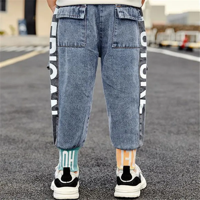Джинсы для мальчиков в стиле рок Модные шаровары с карманами до колена эластичные повседневные джинсы до щиколотки брюки осенние Панталоны pour enfants