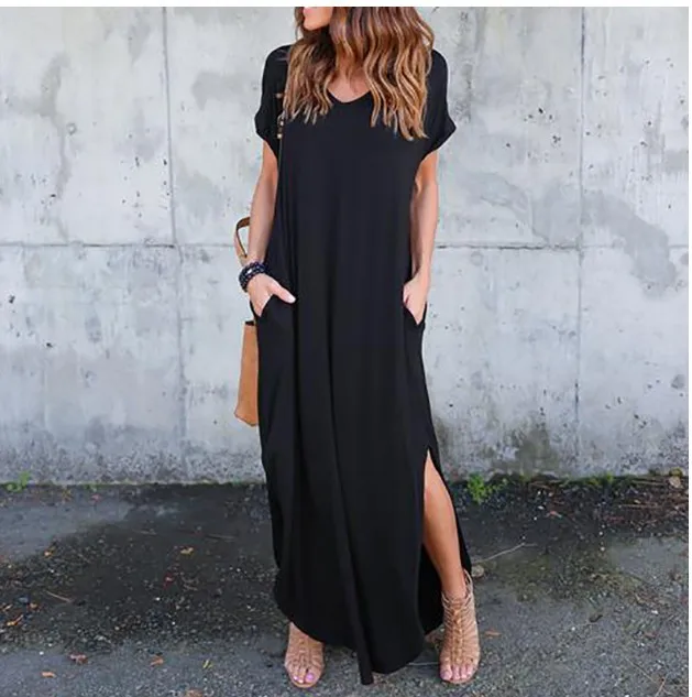 Plus Size 5XL Sexy Women Dress Summer 2021 Solid Casual Short Sleeve Maxi Dress For Women Long Dress Free Shipping Lady Dresses black