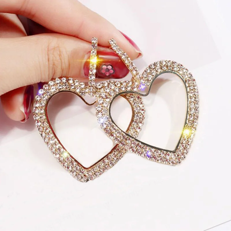 

2 Pcs/set Women Fashion Earring Simple Crystal Heart Gold Silver Studs Earrings Set Exquisite Party Wedding Jewelry Accessories