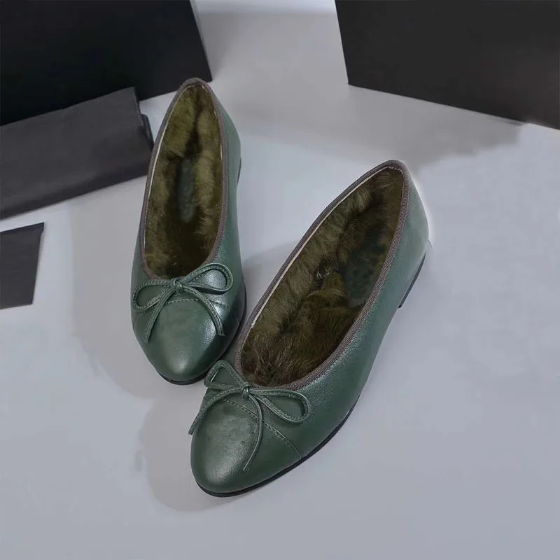

Winter shoes for Woman Genuine Leather Fur shoes Ballet Flat