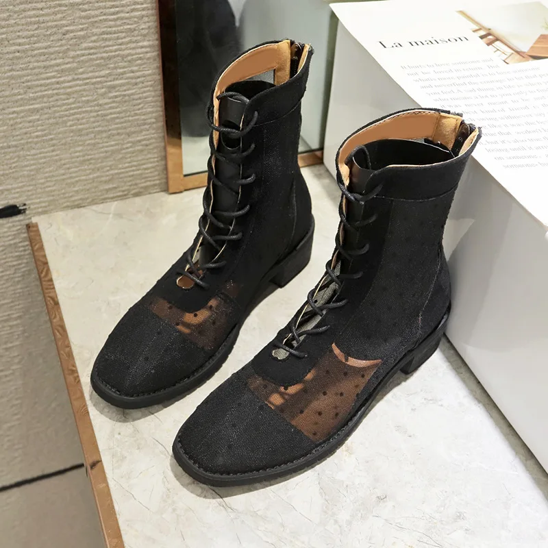 

Martin Boots Women's Summer 2019 New Style Versatile Chunky-Heel Mesh Breathable Hollow out Short Boots Online Celebrity Thin Bo