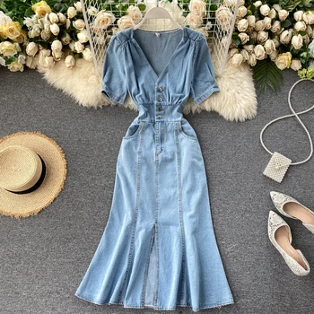 

Autumn Summer denim Dress 2020 Casual mini Denim Women's short Sleeve High Waist Lace Up Denim pocket Dress denim Dress Women