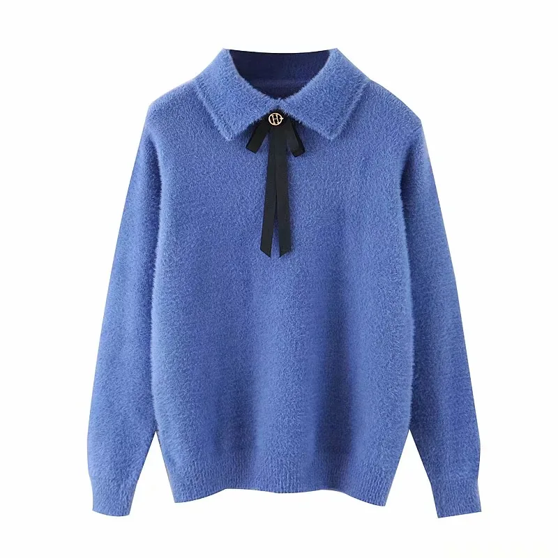 ZA женские осенние зимние теплые топы, вязаный декоративный свитер с галстуком-бабочкой, пуловер, повседневный тонкий женский свитер, женская одежда - Цвет: blue