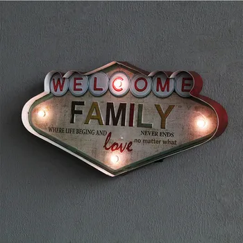 

BESTAmerican Country Retro Wrought Iron LED Lamp Wall Decoration FAMILY Letter Wall Hanging Personality Ornament Iron Painting