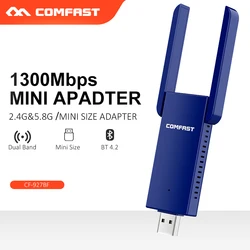 Adaptateur USB WiFi Bluetooth 1300Mbps double bande, récepteur externe sans fil 2.4g / 5Ghz avec 2 antennes 3dbi pour PC/ordinateur portable/ordinateur de bureau 