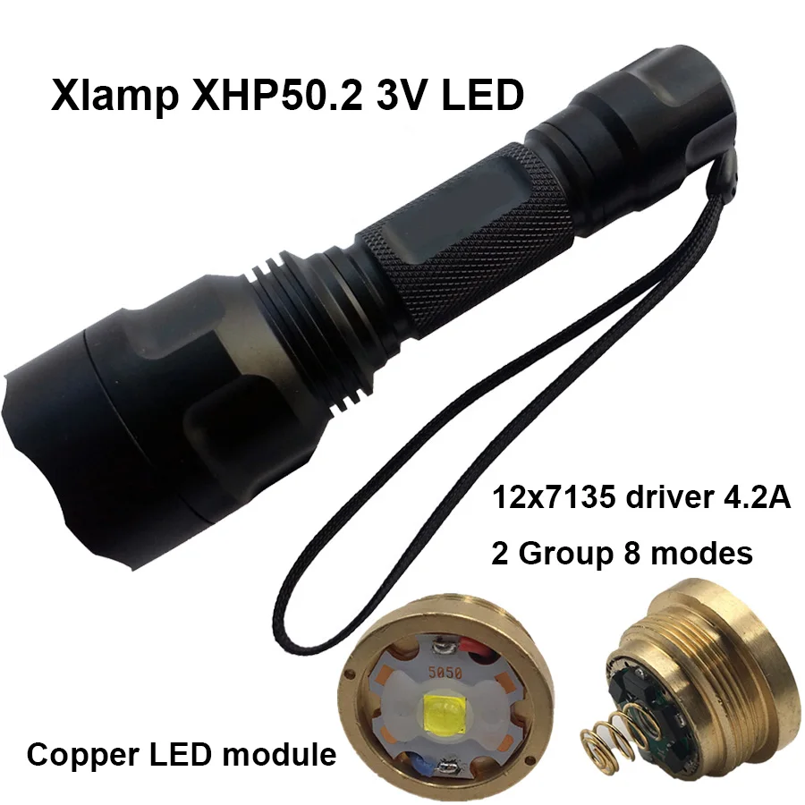 

Powerful C8 Flashlight Pure Copper module 2600Lm XHP50.2 LED 12 x 7135 driver 4.2A XHP50 18650 Torch Hunting Hiking camping Lamp