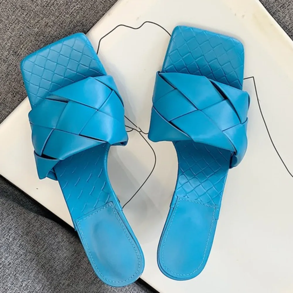 

Women New Mules Slipper 2020 Summer Square Toe High Heel Ladies Sandal Weave High Quality Stiletto Dress Shoes Slides