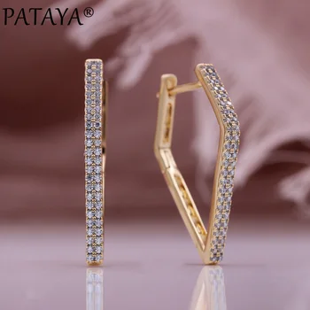 PATAYA New Hot Trend Women Fashion Jewelry Natural Zircon Long Earrings 585 Rose Gold Classic V Shape Luxury Fine Drop Earrings