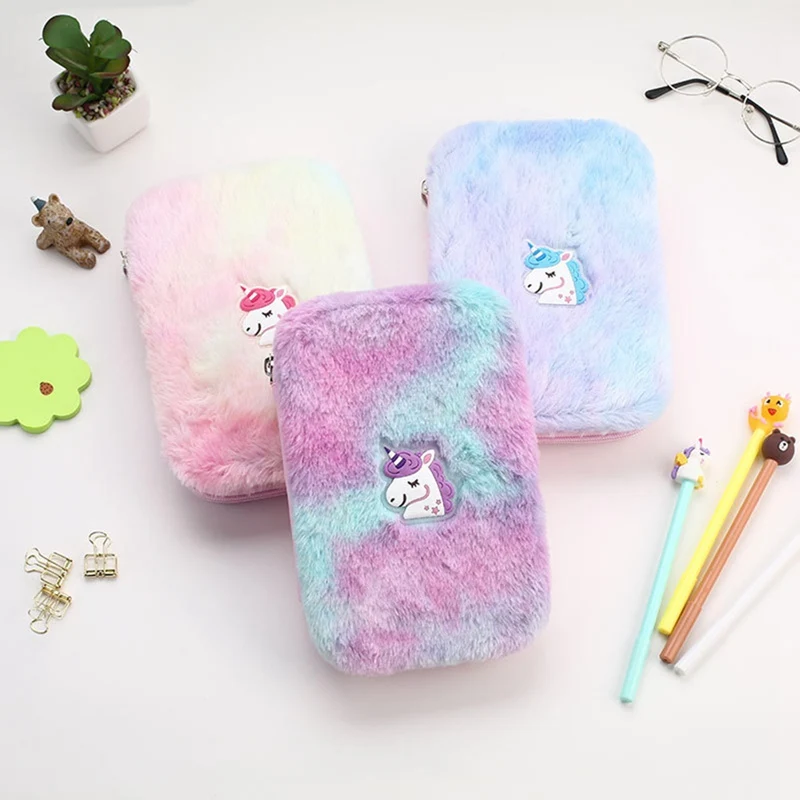 

New Cute Unicorn Grid Girls Student Pencil Case School Pencil Case for Girl Boy Stationery Winter Warm Plush Pencil Bag