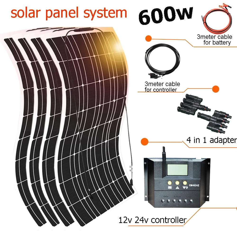 - Solar Panel 12v 600w Photovoltaic Kit Home System 12v24v Battery Charger For Car RV Boat Caravana Camper Hiking Travel Camping