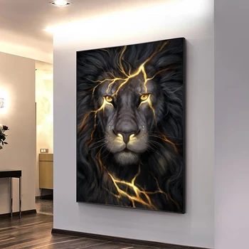 Wall Art Posters Black and Golden Light Lion Canvas Painting Modern Animal Picture for Living Room Home Decoration No Frame 1