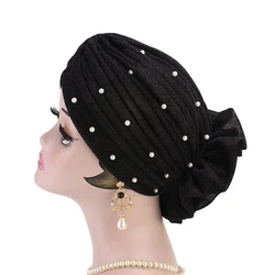 Fashion Faux Pearl Decor Big Flower Women Muslim Hijab Turban Hat Head Wrap Cap