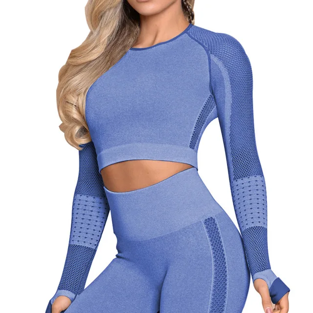 Sapphire Yoga Shirt Женские бесшовные рубашки для йоги с длинным рукавом, укороченный топ, рубашка для йоги, женская облегающая быстросохнущая одежда для бега, спортивная одежда для йоги - Цвет: Sapphire Yoga Shirt