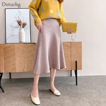 Женская короткая кашемир однотонного цвета миди юбка Женская Корейская Повседневная Высокая талия трикотажные теплые юбки Saias Faldas зима SK409