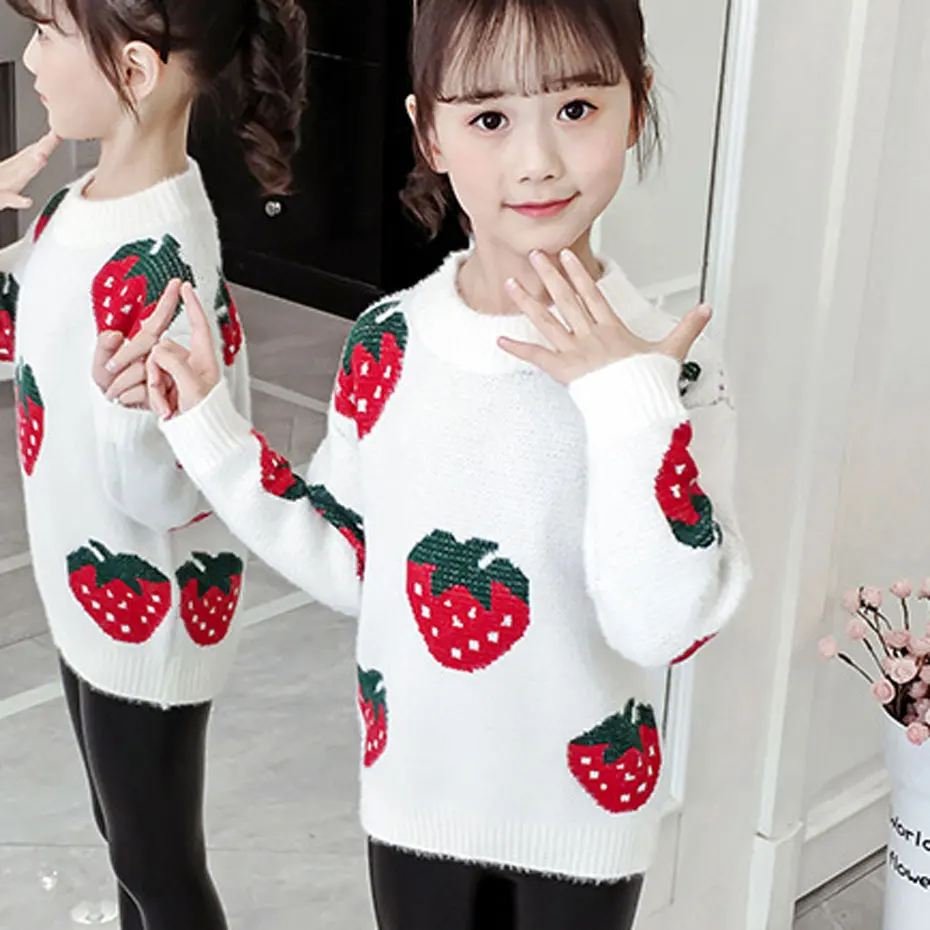 

Girls Sweater Strawberry Print Girl Jumper Thick Velvet Girl Sweater Winter Warm Kid Knitted Sweater For Girls Christmas Gift