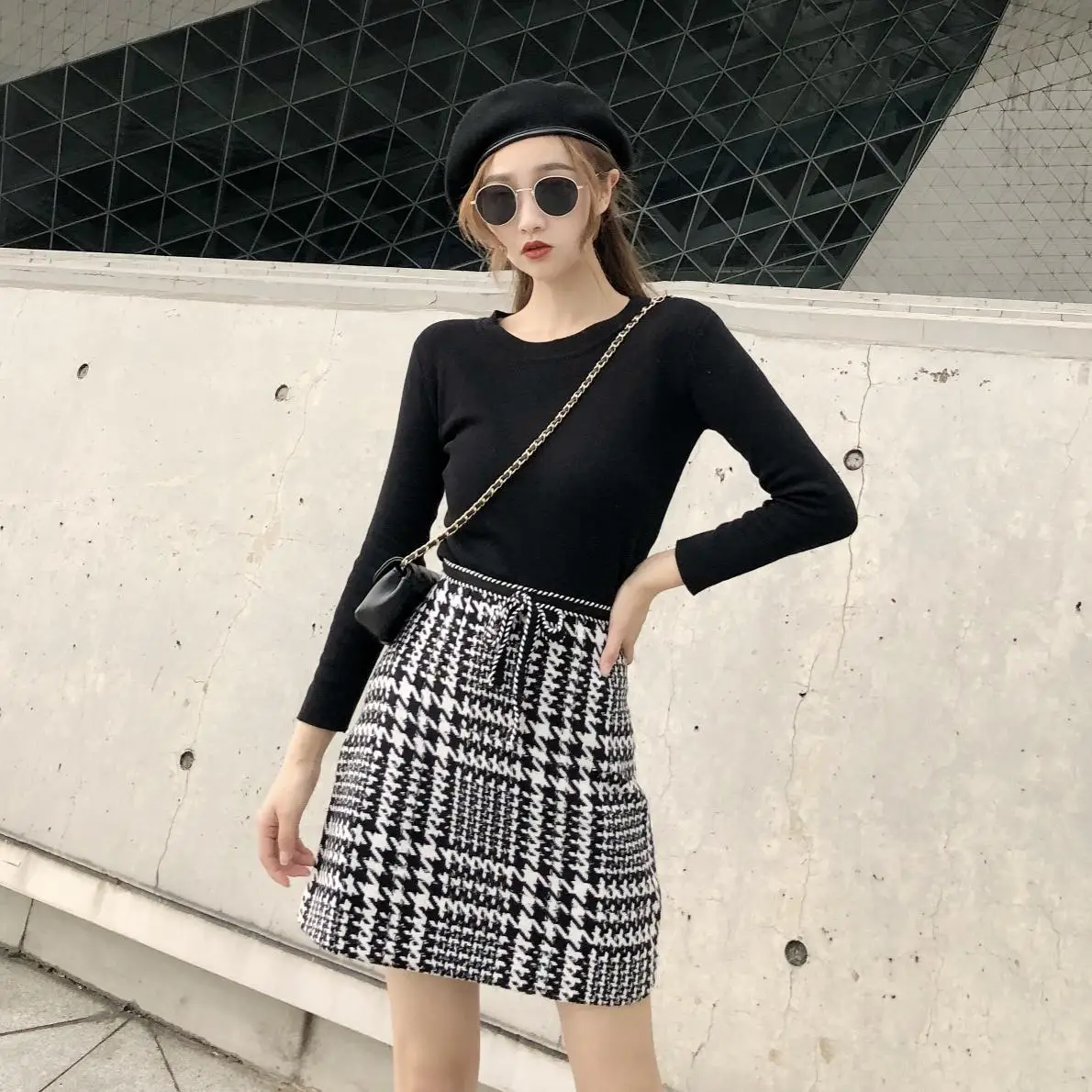 

2018 New Style Hong Kong Style High-waisted Slimming Hong Kong Style Versatile Thousands of Birds Woolen A- line Skirt