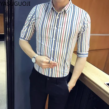 

YASUGUOJI High Quality New Summer 2020 Fashion Half Sleeve Striped Mens Dress Shirts Slim Fit Non-iron Easy Care Casual Shirts
