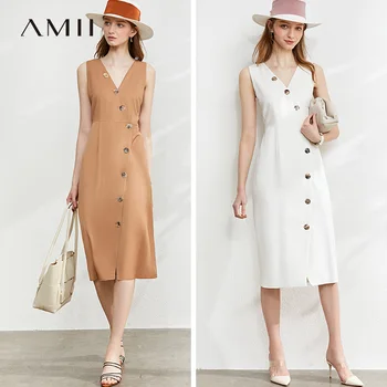 

Amii Spring Summer Solid Slim Vneck Sleeveless Dress Women Causal Botton Knee-length Dress 12040157