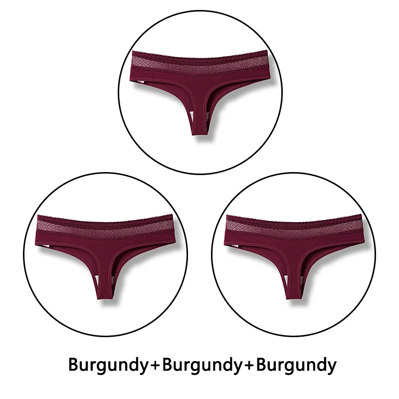 Burgundy X 3 3 шт./партия открытые стринги сексуальные хлопковые трусики женское нижнее белье кружевное мягкое белье с низкой посадкой однотонное стринги бесшовное белье Новинка - Цвет: Burgundy X 3