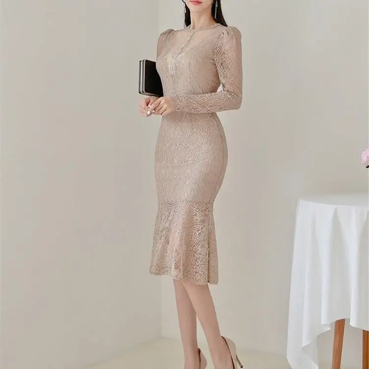 

Elegant Solid Color Bodycon Mermaid Dress O-Neck Women Sexy Ruffles Long Sleeve Lace Dress Office Lady Party Midi Dress