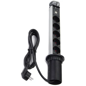 

5 Power Kitchen Table Electrical Socket Power 1 Led+2 Charge USB Aluminum Shelf Black Cap EU Plug