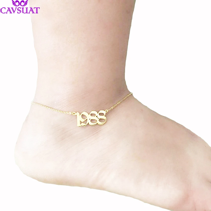 

Custom Old English Number Anklet Bracelet Foot Jewelry Rose Gold Color Personalized Name Wedding Date Anklets For Women Men Gift