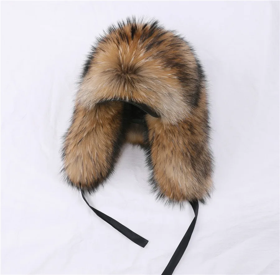white camo bomber hat 2020 Winter Unisex 100% Real Fox Fur Bomber Hat Raccoon Fur Ushanka Cap Trapper Russian Ski Hats Caps Real Leather Thick Warm thermal aviator bomber winter hat