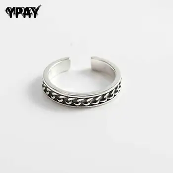 

YPAY Real 925 Sterling Silver Open Rings For Women Retro Vintage Thai Silver Chain Pattern Ring Korean Fine Jewelry YMR286