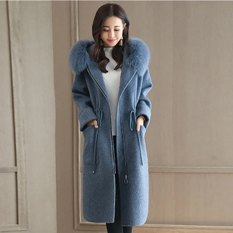 blue Модное тонкое шерстяное пальто для женщин зима средней длины с капюшоном с меховым воротником однотонная женская одежда шерстяное пальто AB128 - Цвет: blue