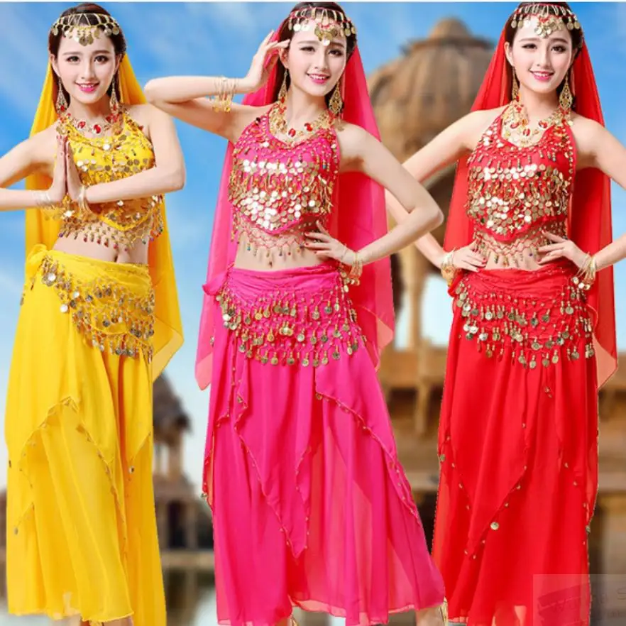 4pcs del vientre trajes de baile de Bollywood danza del vientre trajes de  traje determinada de la gasa para las mujeres Bollywood fijado para la Mujer