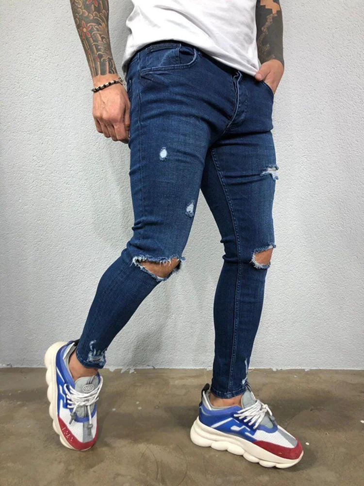 New Hot Style Fashion jeans for European men 2020 are torn  holes and elastic feet