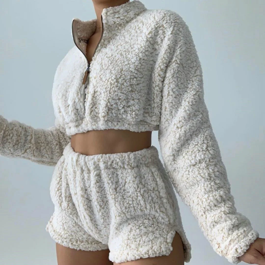 

2020 Winter Women Fleece Two Piece Set Long Sleeve Crop Top + Shorts Sets Zipper Warm Lounge Wear Outfits Chandal Mujer