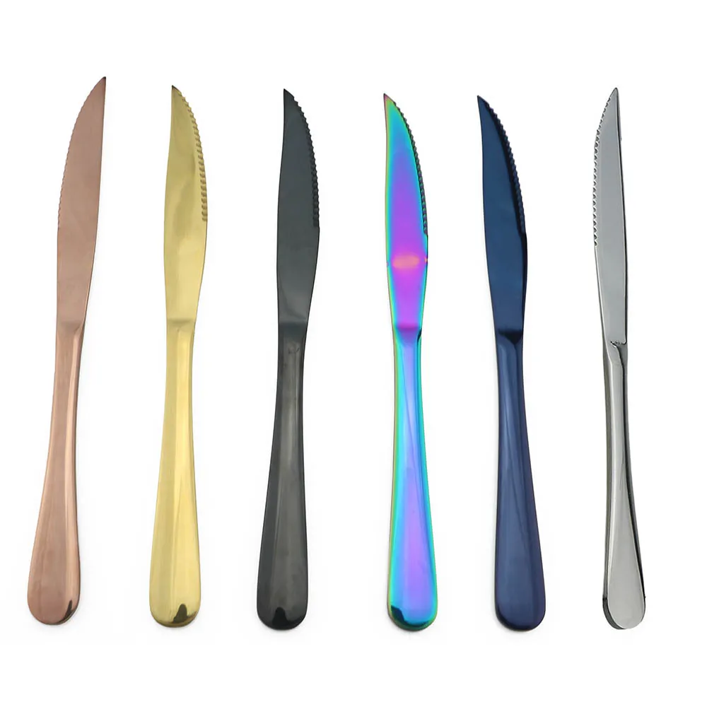 Acier Inoxydable Rainbow Dinnerware dentelée Sharp Dîner Couteau Or Set de couverts