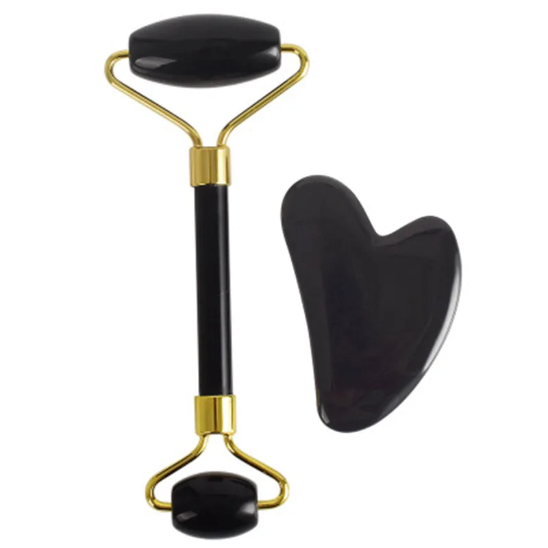  Natural Black Obsidian Massage Roller Double Head Jade Stone Facial Massage Roller Guasha Set Tool 