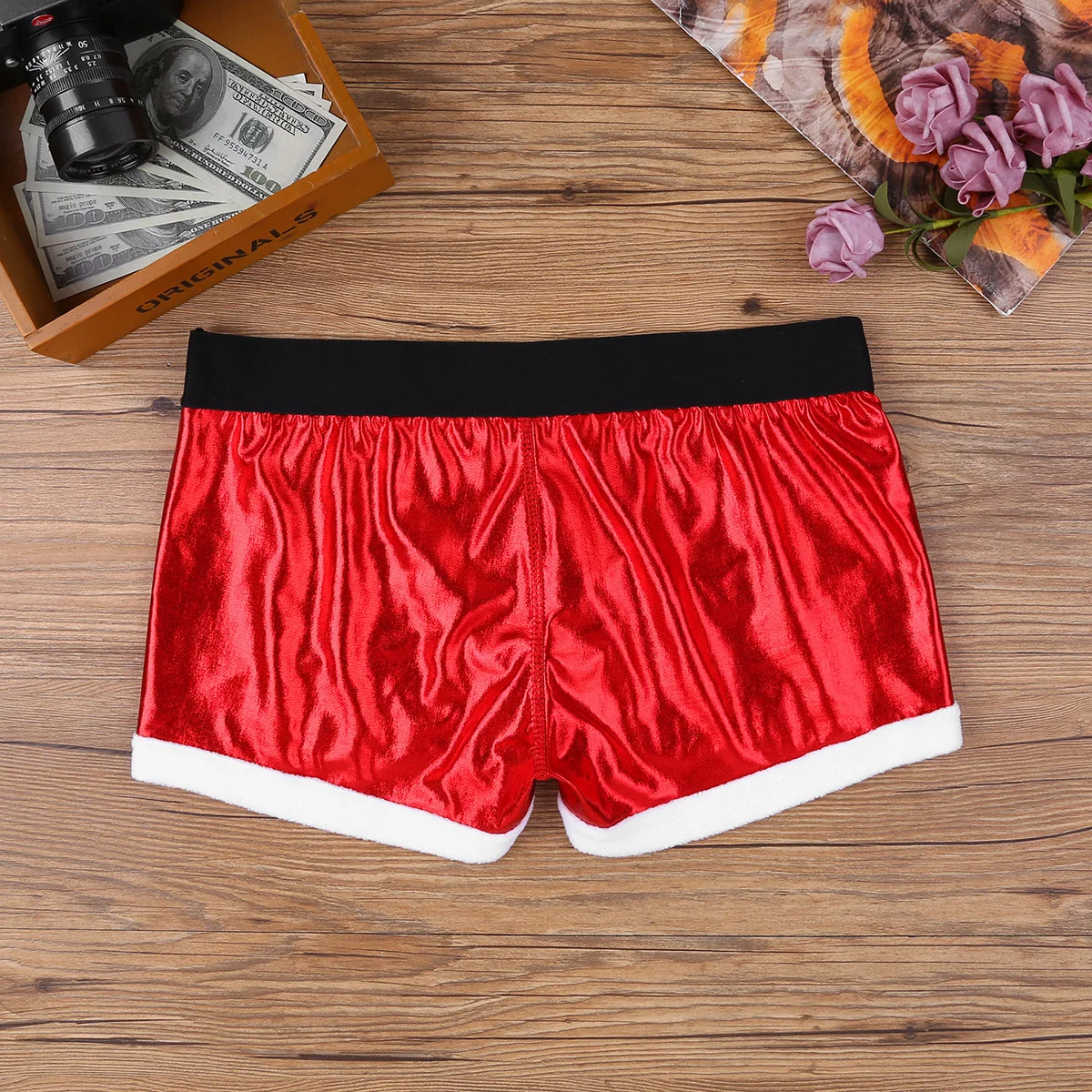 Mens Christmas Role Play Costume Sexy Lingerie Set Club Dance Outfits Collar Cuffs with Low Waist Shorts Underpants Underwear