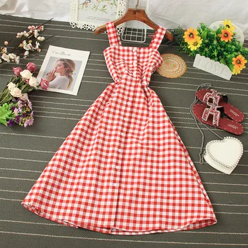 

2020 Vintage Plaid Spaghetti Strap Dress Women Slash Neck High Waist Red/Yellow/Green Single Breasted A-line Dress Female New