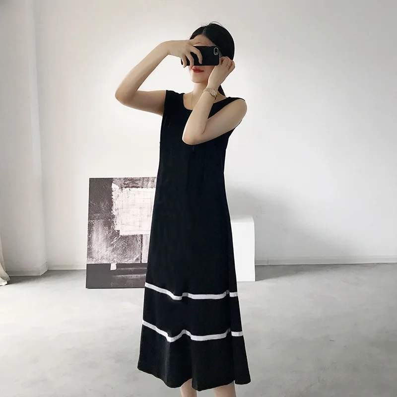 

Contrast Color Vest Skirt Women's Summer A- type Loose-Fit Qmilch Base Black And White Long Skirts Korean-style Joint Slimming D