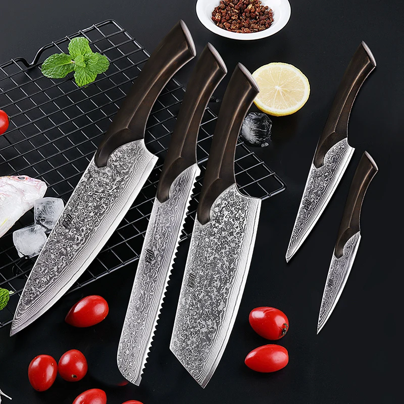 Набор дамасских ножей FINDKING Pro Cheetah, 5 шт., набор деревянных ножей с большой ручкой, 67 слоев, Профессиональный кухонный нож шеф-повара